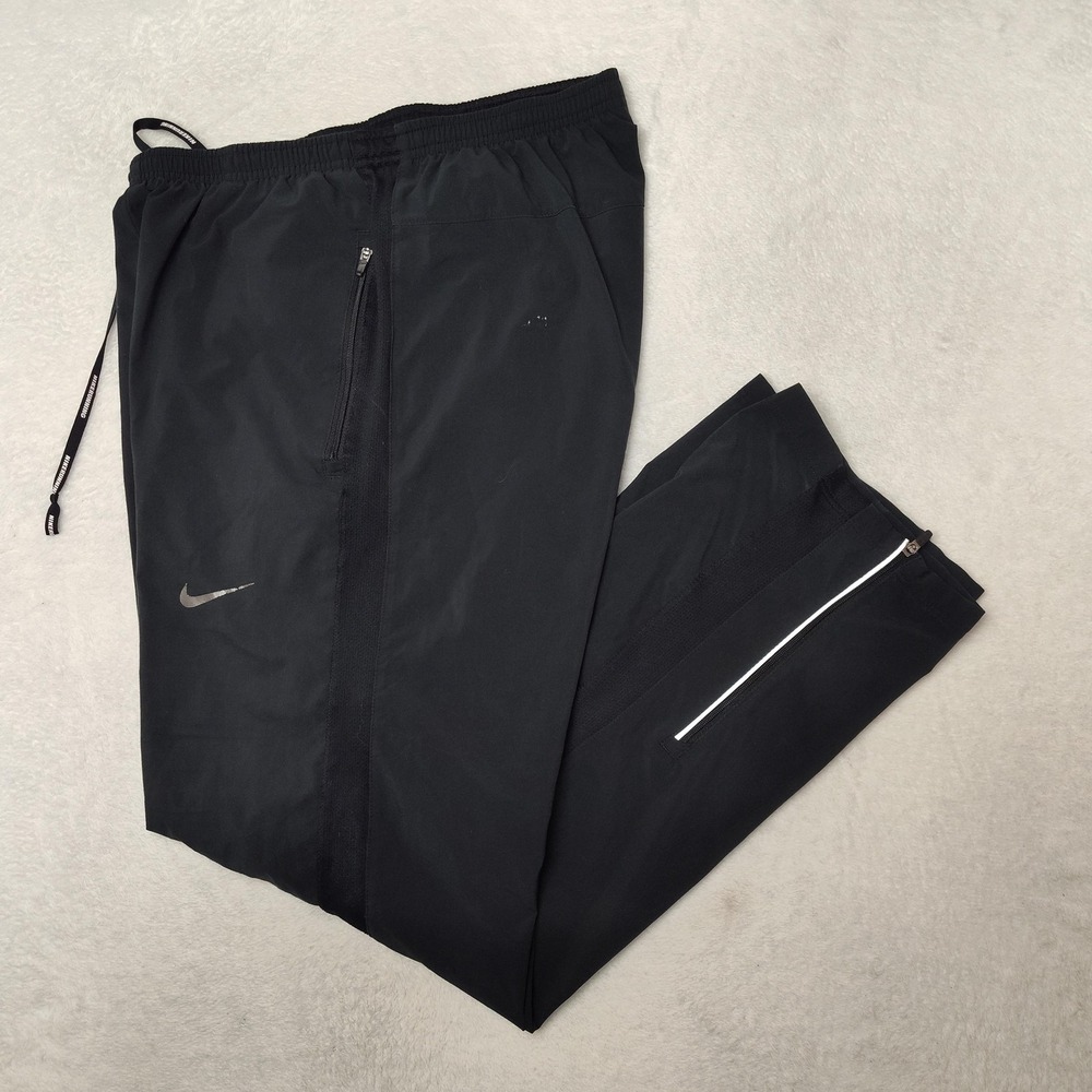 Nike Running Track Pants Mens Medium Black Dri-FIT Zip Pocket Reflective 717410